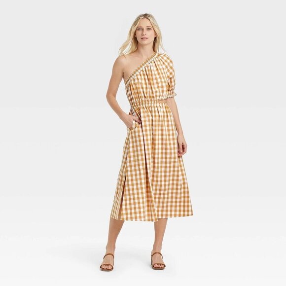 Who What Wear Dresses & Skirts - NWT Who what Wear Women's Yellow Gingham One Shoulder Midi Dress - Large